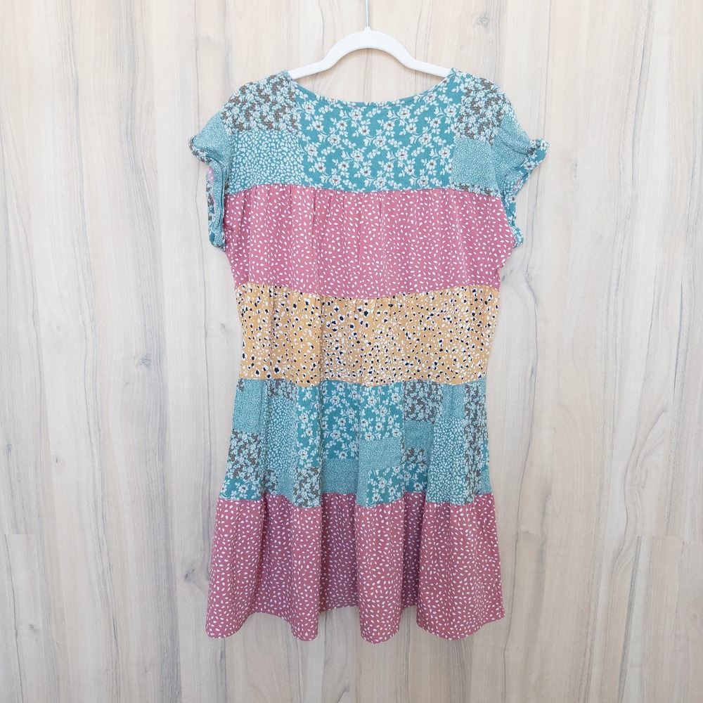 Kori Floral Parchwork Mini Dress Medium Multicolor Tiered Boho Cottage Summer - Picture 6 of 9